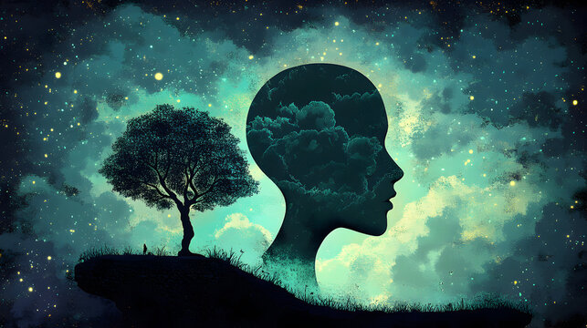 Ethereal Tree Silhouette: Night Sky Fantasy Art with Stars and Dreamscape Whispers