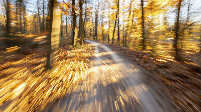 blurred forest path surrounded by autumn foliage creates sense of movement and tranquility