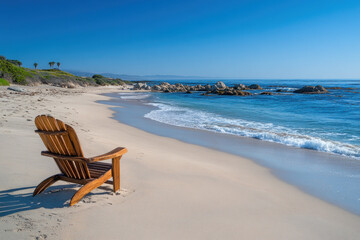 Empty beach chair propped up on white sand by the ocean, under clear blue skies.