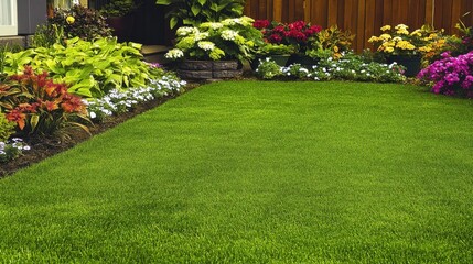 Fototapeta premium A lush green backyard with neatly trimmed grass, ornamental plants, and potted flowers.