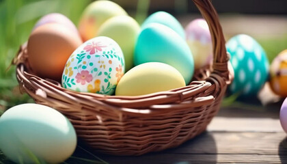 Colorful easter eggs in a wicker basket. 
