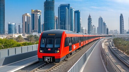 A modern high-speed train moving along tracks in an urban setting.