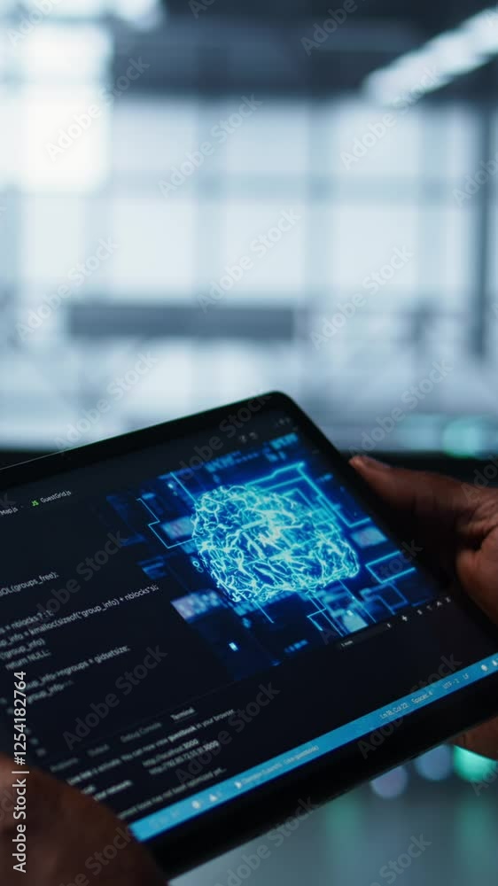 Poster vertical video programmer in data center using ai tech on tablet, testing equipment failover scenari