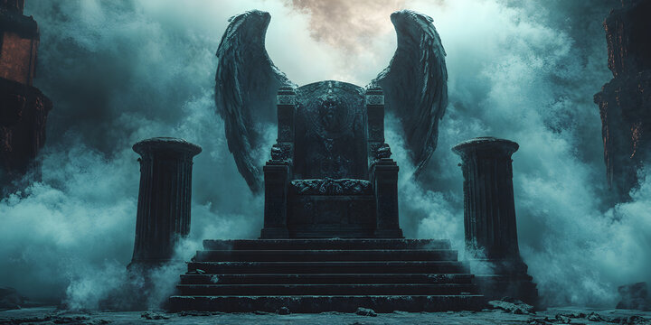 Ancient Majestic Throne Ruins with Angel Wings in Dark Surreal Gothic Clouds for Mystical & Supernatural Fantasy Background