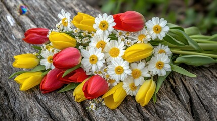 Obraz premium A spring-inspired bouquet of tulips, daffodils, and daisies arranged artistically.