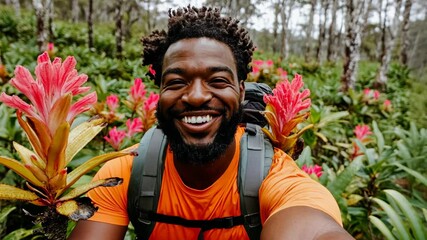 Smiling hiker enjoys vibrant floral backdrop in tropical rainforest during daylight