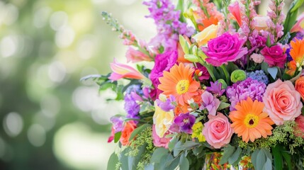 Obraz premium A vibrant rainbow-colored floral arrangement with bright mixed flowers.