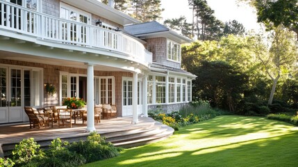 Coastal retreat house with a wraparound balcony, bright wood paneling, and sunlight.