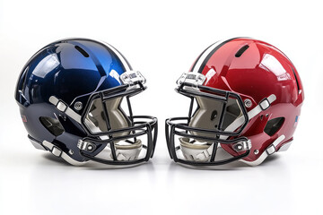 Fototapeta premium Two helmets on a white background: one black with a visor, one white with a logo, side by side.