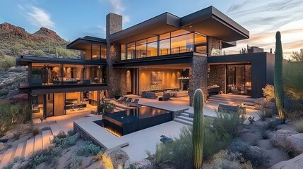 Obraz premium Desert modern home with neutral tones, cacti landscaping, and clear natural lighting.