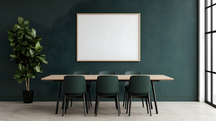 Modern dining room, green wall, empty frame, sunlight