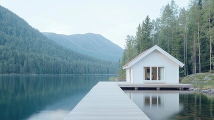 Fototapeta premium White cabin on a lake dock, serene mountain landscape. Possible use Stock photo for travel brochures, real estate ads, nature wallpaper