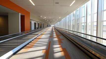 Empty airport moving walkway stretching down a brightly lit corridor.