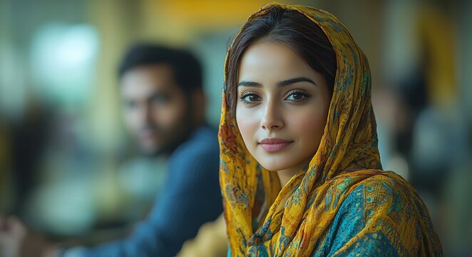 High rise office boardroom Karachi female manager shalwar kameez speaking calmly her male colleague dismissively focusing another male colleague rational argument subtle expression of frustration her