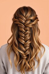Fototapeta premium Intricate half-up fishtail Dutch braid on long wavy caramel brown hair for a boho-inspired romantic look