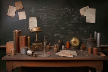 Old scientists workbench filled with tools and notes in a dimly lit laboratory