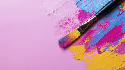 Obraz premium Colorful paint strokes with brush on pink background create vibrant artistic scene
