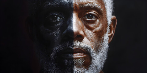 Obraz premium Eloquent Contrast: Artistic Monochrome Portrait of Bearded Elder Showcasing Aged Wisdom and Emotional Depth through Realism