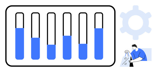 Six test tubes with liquid at varied levels in a lab setup. Researcher examining data with gear symbol in background. Ideal for science research, analysis, experiments, data evaluation, lab work