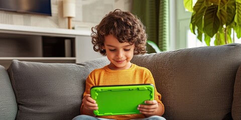 Smiling child using tablet sitting on sofa at home.