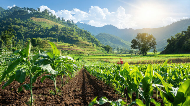 Vibrant organic farm with intercropping methods under sunny sky, showcasing lush green crops and mountainous landscape