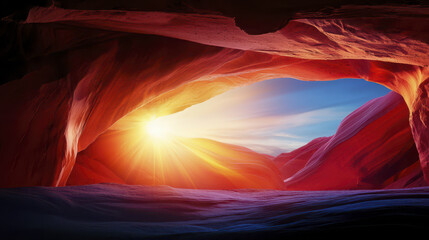 stunning view of Antelope Canyon with sunlight streaming through rock formations, creating warm glow