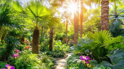 Lush tropical garden with vibrant green palm trees, ferns, and exotic flowers under soft sunlight.