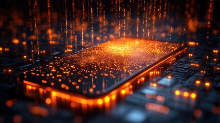 Obraz premium A glowing smartphone surrounded by flowing digital data, symbolizing technology and connectivity.