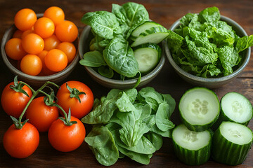 Assortment Of Fresh Vegetables And Fruits In Bowls On Wooden Surface