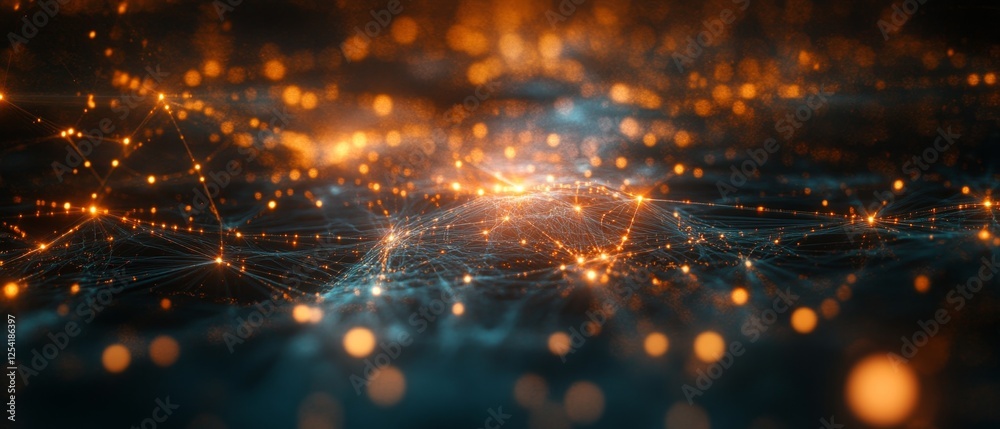 Poster glowing network nodes, digital landscape, bokeh background, tech concept