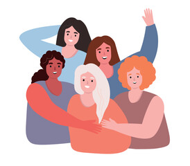 Women support each other together. Different girls are happy, cheerful. Vector flat graphics.