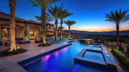 Fototapeta premium Luxury poolside garden with palm trees, sleek furniture, and ambient outdoor lighting.