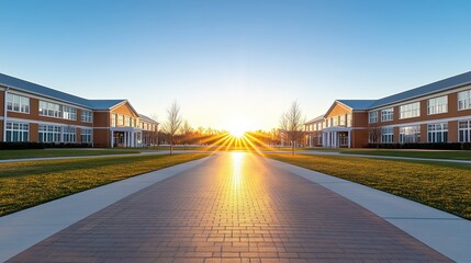 Sunrise Over Campus Pathway with Modern Buildings on Both Sides