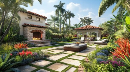 Fototapeta premium Luxury villa garden with lush landscaping, an outdoor fireplace, and sophisticated decor.