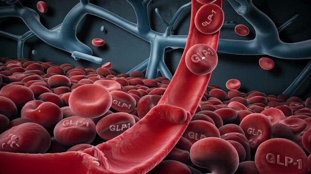 GLP-1 molecules combining with blood cells and integrating into the metabolism.	