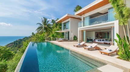 Fototapeta premium Modern villa with infinity pool, glass walls, and perfect sunlit exteriors.