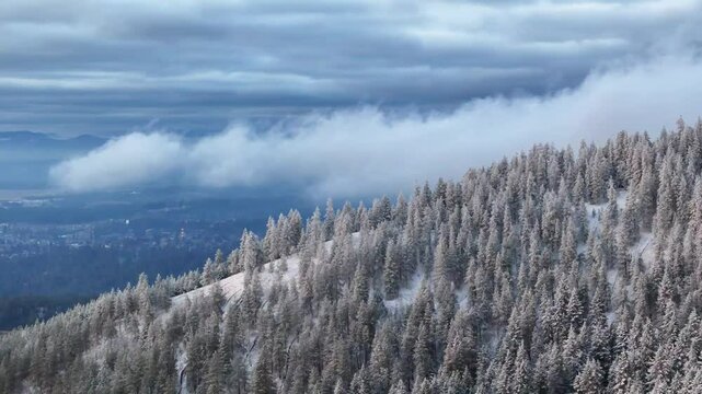 Aerial view of a snow covered ridge overlooking a Hayden, Idaho
