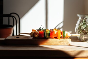 Grilled chicken skewers with vibrant vegetables on a wooden cutting board illuminated by natural light