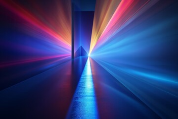 Brilliant light beams illuminate a geometric space, creating a mesmerizing visual experience that captivates viewers