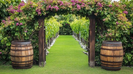 Naklejka premium Rustic vineyard-style garden with grapevines, stone walls, and wooden barrels.