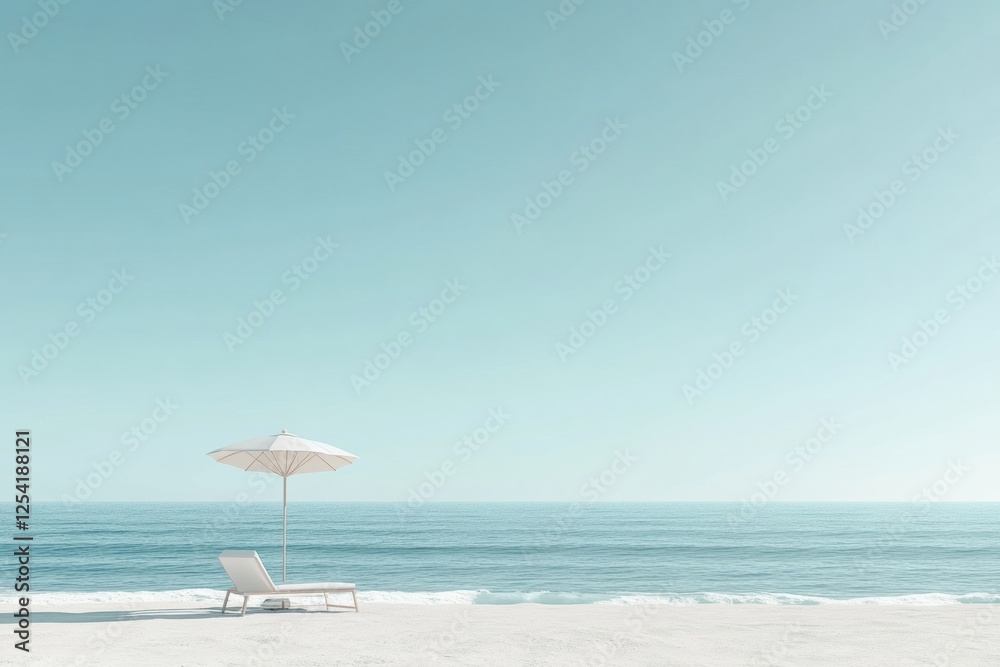 Poster relaxing day at the beach with a lounge chair and umbrella by the calm ocean waves under a clear blu