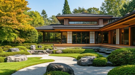 Fototapeta premium Serene Japanese-style home with a Zen garden, natural wood tones, and soft sunlight.