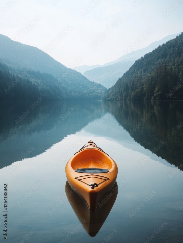 Poster lone orange kayak floating on calm mountain lake surrounded by serene nature and distant peaks in ea