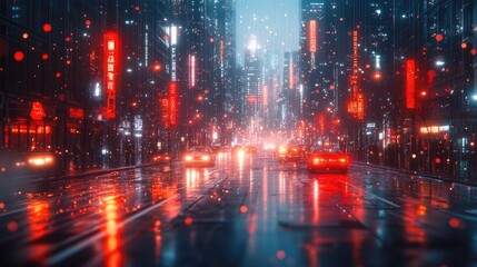 Obraz premium A vibrant, rainy city street illuminated by red lights and reflections from vehicles.