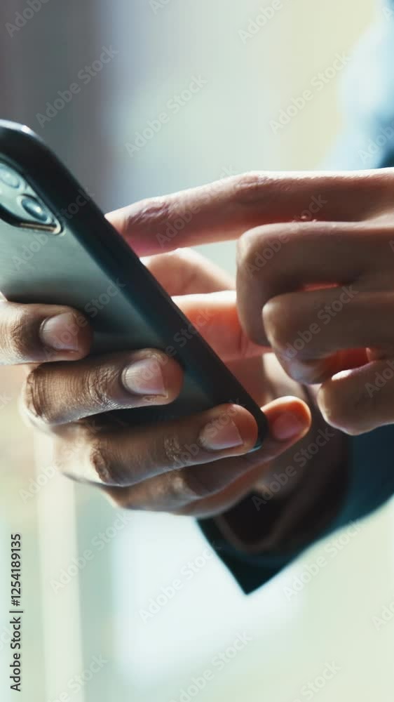 Poster research, phone and hands of business person in office for email response, connection and client fee