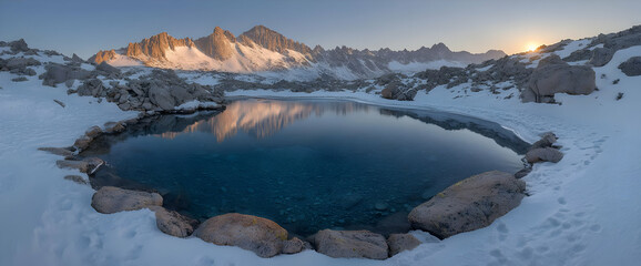 Fototapeta premium Sunrise Over Snowy Mountain Lake