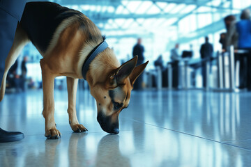 German Shepherd dog sniffing at airport security, showcasing canine detection and loyalty