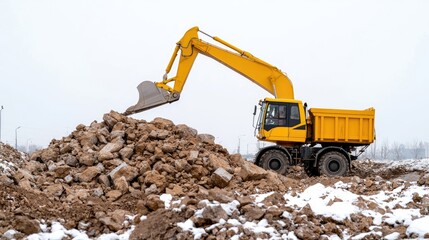 Obraz premium Excavator loading rocks into truck, winter construction site