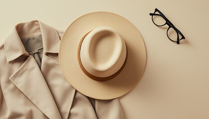 Styled Fashion Still Life Beige Trench Coat Hat and Eyeglasses
