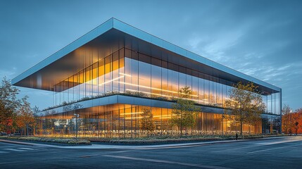 Obraz premium Modern glass building with warm lighting, surrounded by trees and a clear sky.